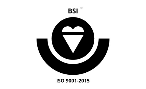 Black and white certification logo for BSI ISO 9001-2015